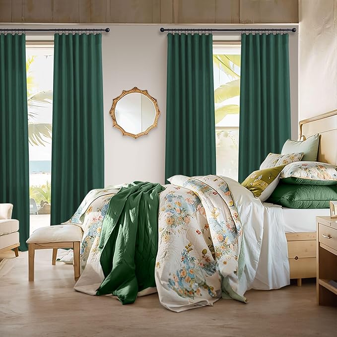 Dark Green Curtains 96 Inches Long for Living Room Dining 2 Panels Set Pocket Back Tab Forest Drape Semi Privacy Emerald Hunter Green Linen Curtains for Bedroom Bay Window Farmhouse Vintage Decor 8 FT