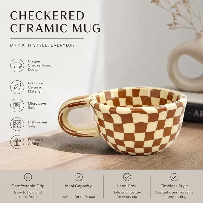 Ceramic Coffee Mug 5.7Oz Small Checkered Coffee Cups Alpine Pattern Hot Chocolate Cup Handmade Checkerboard Latte Mug Aesthetic Gift for Coffee Lovers Microwave Safe,Brown checkered