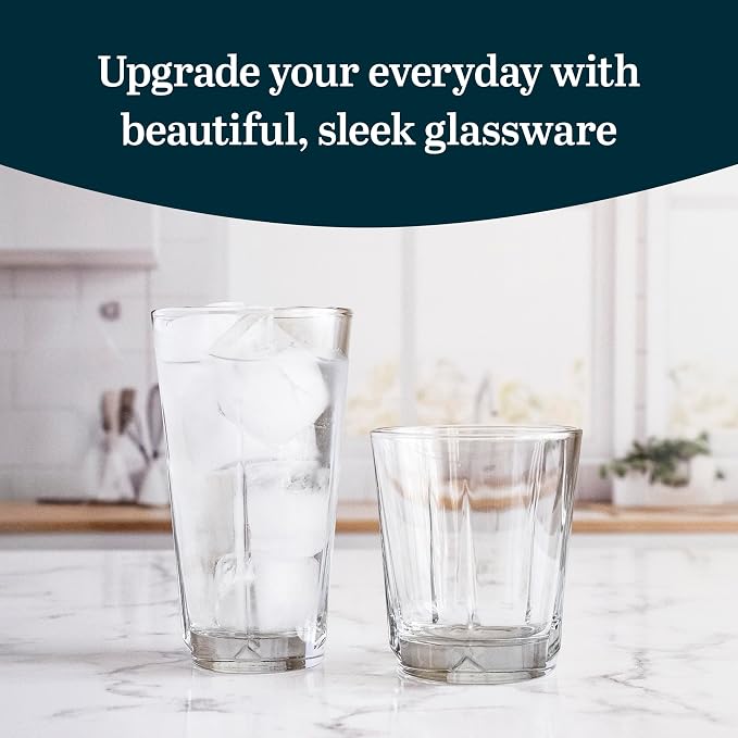 Libbey Monterrey Everyday Drinking Glasses Set of 8, Geometric Shape DOF and Glass Tumbler Set, All Purpose Kitchen Glassware Set for Water Cocktails