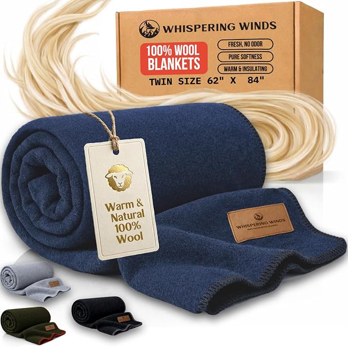 Whispering Winds 100% Wool Blanket, Premium Twin Size (62"x84") | Soft, Warm, Thick, Comfortable, For Bed, Couch, Home, Car, Camping, Outdoors, Survival
