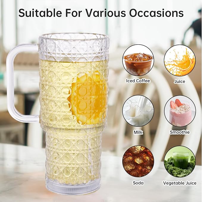 NiHome 2PCS Glass Tumblers with Handles & Bamboo Lids, 25oz/740mL Clear Glass Cups with Stainless Steel Straws, Brushes, Spill-Resistant Silicone Rings, Reusable for Iced Coffee, Juice, Water, Car