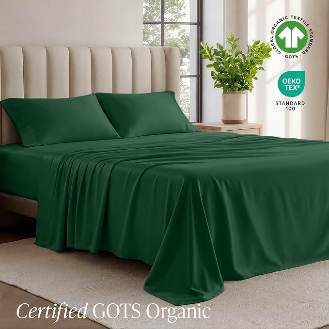 Bare Home 100% Organic Cotton Jersey Sheet Set, Ultra Soft, 100% Cotton - Sheet Set & Pillowcase - Deep Pocket Bed Sheets (Twin XL, Forest Green)