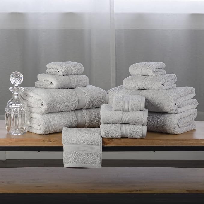 Superior Organic Cotton Solid Accessories for Bathrooms Towel Set, 12PC, Silver 12 Piece