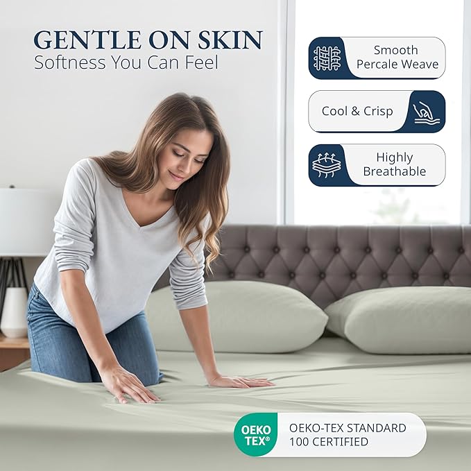 LANE LINEN 100% Organic Cotton Fitted Bed Sheets Queen Size (+Pillowcases) Soft & Comfy Percale Weave Fully Elasticized Low Pilling Fade Resistant Deep Pocket Fits Mattress Upto 15" - Mineral