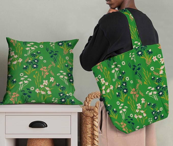 Soimoi Floral Print - Green, Canvas Fabric Material - 56 Inch Wide, 1 Yard, Unstitched Fabric for Upholstery, Bags, Workwear and Outdoor Gear.