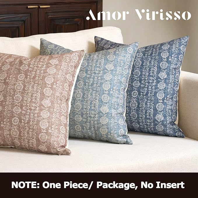 Amor Virisso Vintage Floral Throw Pillow Covers 20x20 Striped Farmhouse Block Print Pillow Cover Boho Neutral Decorative Pillows for Living Room Bed, Light Blue