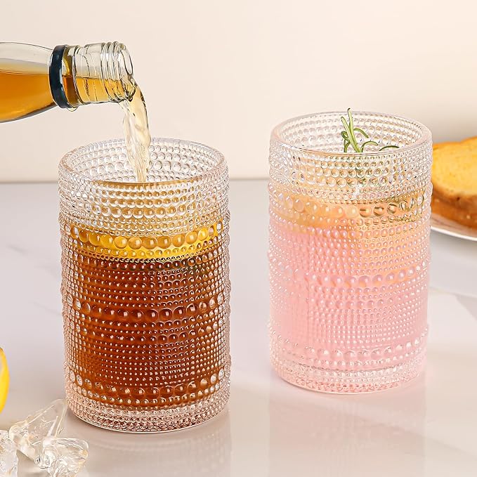 Amyoole 15oz Hobnail Drinking Glasses Set of 6,Clear Vintage Glassware Embossed Water Tumbler,Cocktail Glass Cups for Beer,Whiskey,Juice and Various Mixed Drinks