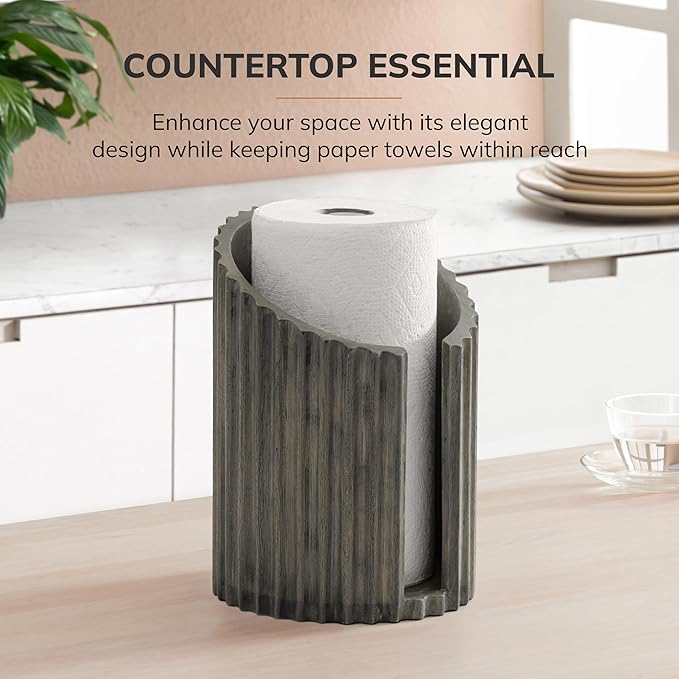 Anji Mountain Wooden Paper Towel Holder Countertop with Mango Wood Round Base and Iron Holder, Holder Stand for Kitchen Roll Organizer & Kitchen Dining Table Home Decor - Greige/Nickel, Fluted