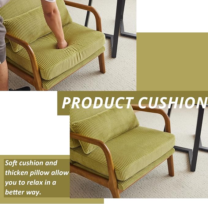 Karl home Mid-Century Modern Accent Reading Chair, Green | Corduroy Upholstered, Solid Wood Frame, Soft Cushion, Lumbar Pillow, Lounge Armchair for Living Room, Bedroom, Balcony, Study