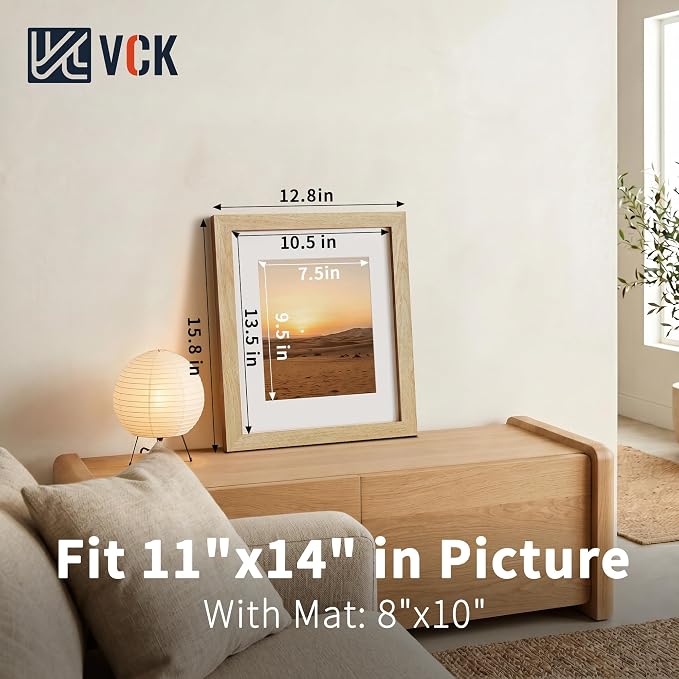 VCK 11x14 Picture Frames Natural - 3 Pack, Wide Border Solid Wood, Tempered Glass, Display 8x10 Photo with Mat or 11 x 14 Without, for Home, Office, Gallery, Woodgrain Series, Wall Hanging
