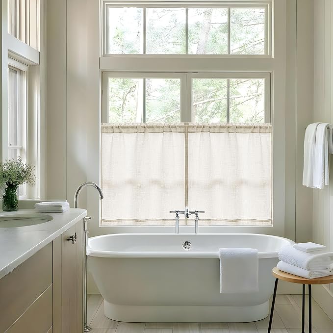 40 Inch Linen Farmhouse Kitchen Curtains 2 Panels Semi Sheer Light Filtering Privacy Small Drapes for Living Room Bedroom Bathroom Rod Pocket Neutral Window Curtains 40 Inches Long W34xL40
