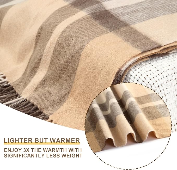 100% Wool Blanket Throw,Beige Plaid Wool Blanket with Compact Bag,Rustic Soft Lightweight Blanket for Couch,Sofa,Bed & Lounging Decoration, Warm Travel Blanket for Home, Airplane,Ideal Gifts 55"x83"