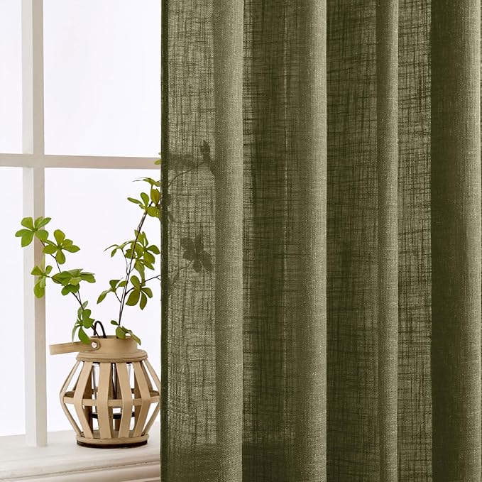 MIULEE Light Olive Green Linen Curtains 72 Inch Length 2 Panels for Bedroom Living Room, Soft Linen Textured Natural Window Drapes Semi Sheer Light Filtering Back Tab Rod Pocket Burlap Look Decor