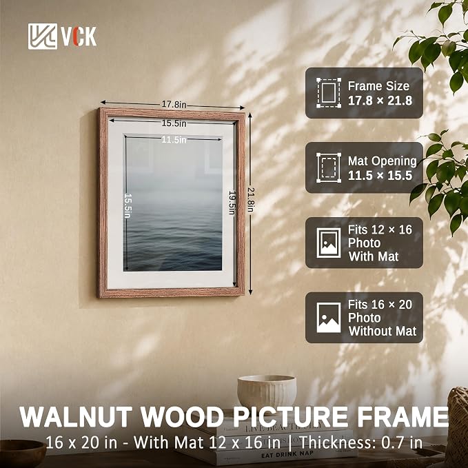 VCK 16x20 Picture Frames Walnut - 3 Pack, Wide Border Solid Wood, Tempered Glass, Display 12x16 Photo with Mat or 16 x 20 Without, for Home, Office, Gallery, Woodgrain Series, Wall Hanging
