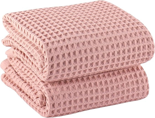 PÜSKÜL Natural 100% Turkish Cotton Waffle Bath Towels Set of 2-Piece | 32x63 inch Extra Large Absorbent Quick-Dry Lightweight Spa Towel | Luxury Sauna Accessories (Pink Powder Bath Towels - Pack of 2)