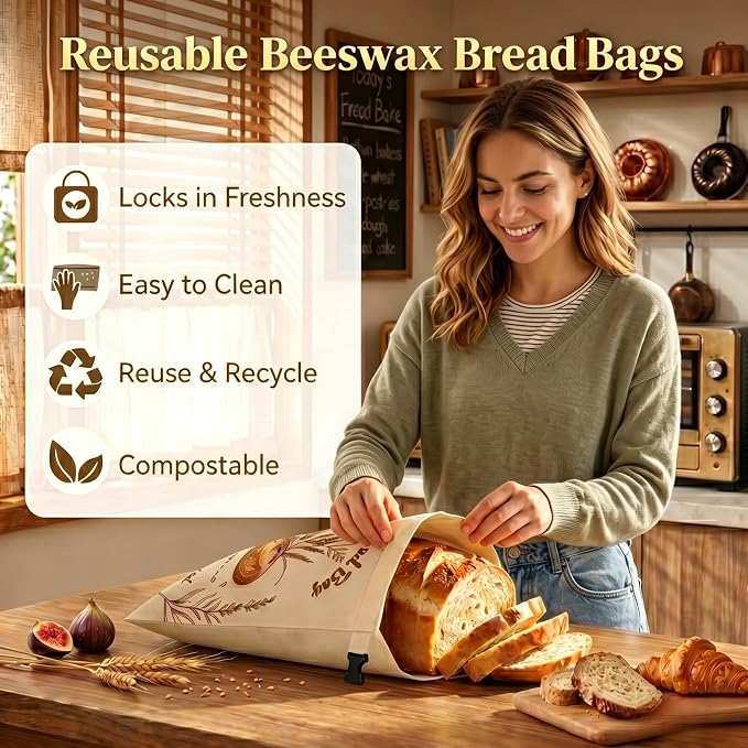 Sourdough Beeswax Bread Bags for homemade bread | Reusable 2 Pack Cotton Linen Natural Bread Storage Bag Keep Fresh 17 x 13 Inches