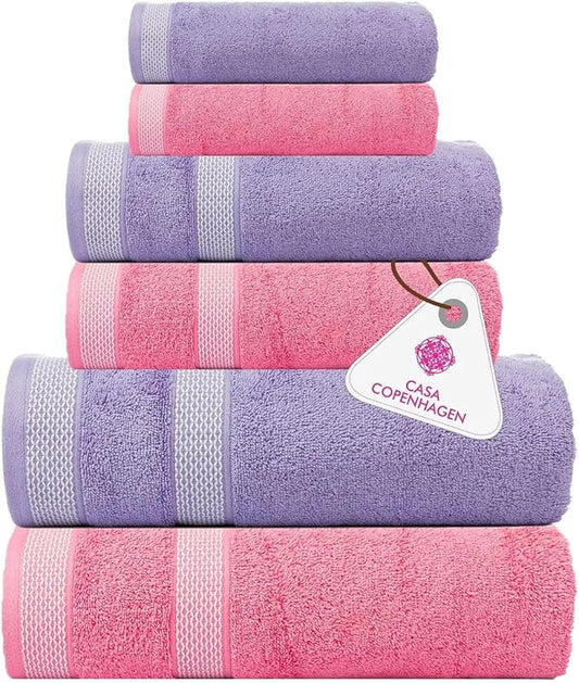 CASA COPENHAGEN Solitaire 6Pcs 100% Egyptian Cotton Large Designer Towels Gift Set- Purple Rose - Pink, 600GSM, 2Bath 2Hand 2Washcloths, Bath Towels for Bathroom Set for Women & Men