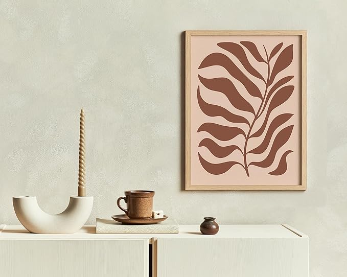 Abstract Organic Leaf Silhouette Wall Art Botanical Shapes Earth Tones Terracotta Mid Century Modern 11x14 Inch Oak Wood Beige Framed Minimalist Print for Bedroom Decor