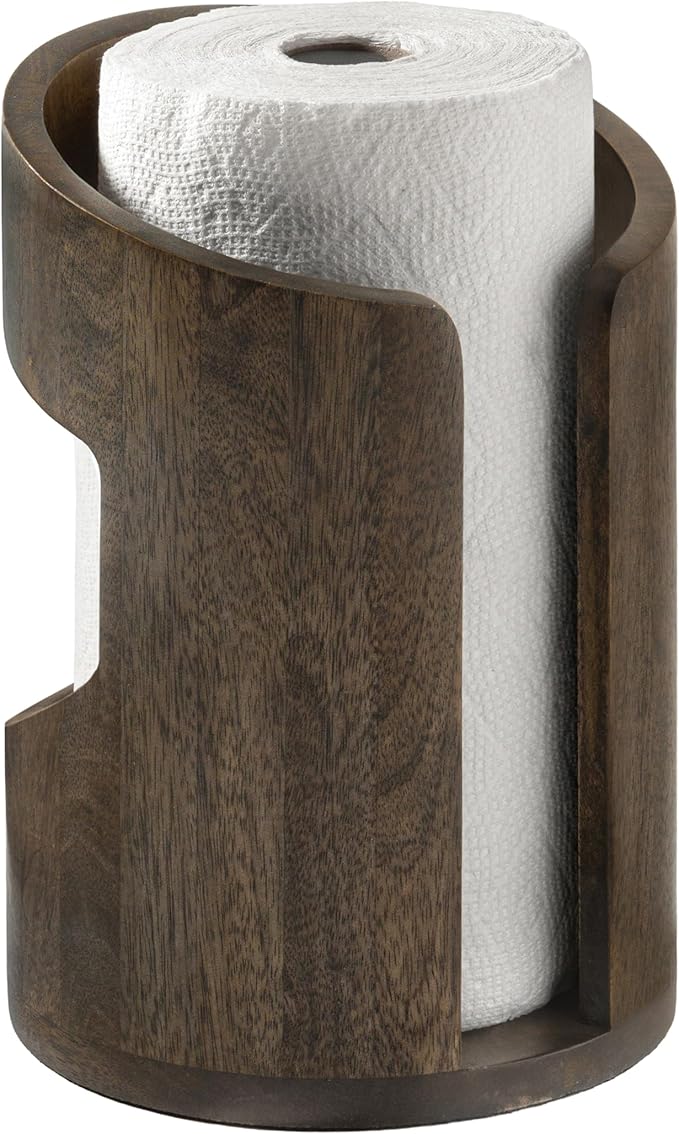 Anji Mountain Wooden Paper Towel Holder Countertop with Mango Wood Round Base and Iron Holder, Holder Stand for Kitchen Roll Organizer & Kitchen Dining Table Home Decor - Chocolate/Black, Arc Hold