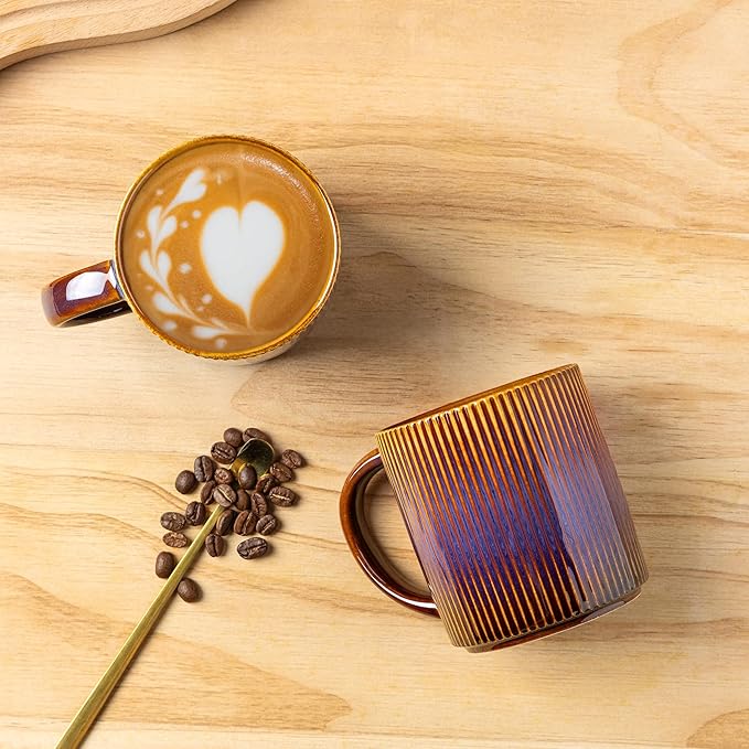 theterra Ceramic Coffee Mugs Set of 6, 14.2oz Handmade Coffee Cups with Handle for Latte, Tea, Milk, Beer, Hot Cocoa, Amber Amethyst
