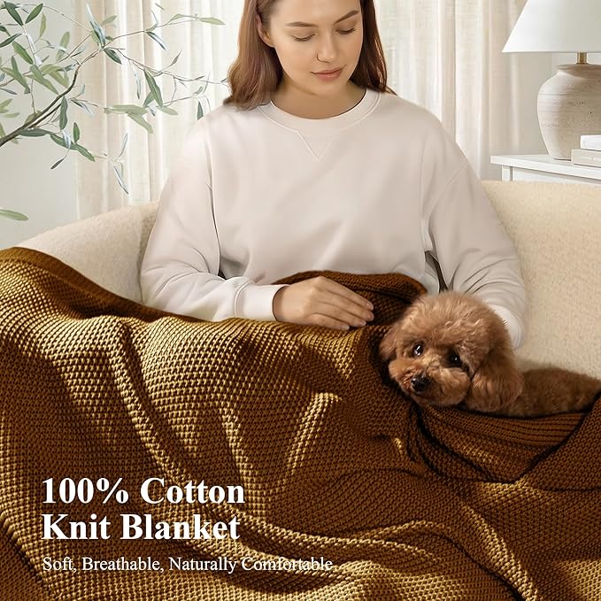 100% Cotton Cable Knit Throw Blanket, Large Lightweight Soft Knit Blanket for Sofa Couch Bed, Breathable All-Season Throw, Cozy Decorative Blanket, 60 x 80 Inch,Mustard