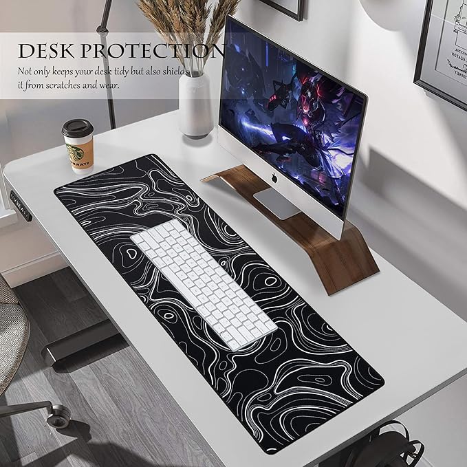 ALOANES Waterproof Mouse Pad with Durable Stitched Edge, XL Gaming Keyboard Pad, Non-Slip Rubber Base, Extended Desk pad for Gamer, Office & Home, Black Topographic Map Mousepad 31.5"x 11.8"x 0.12"