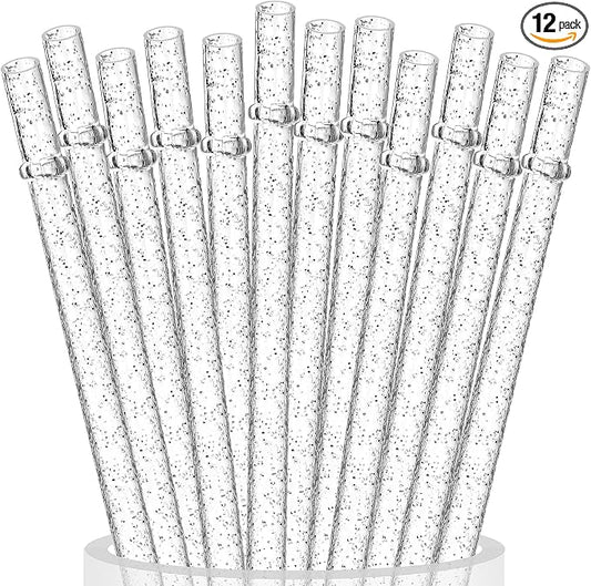 ALINK 12-Pack Reusable Glitter Straws, 13 in Extra Long Hard Plastic Clear Tumbler Straws for Stanley Owala 40 oz Tumbler, 1 Gallon Jug, 64/32 oz Tall Bottles, Starbucks with Brush
