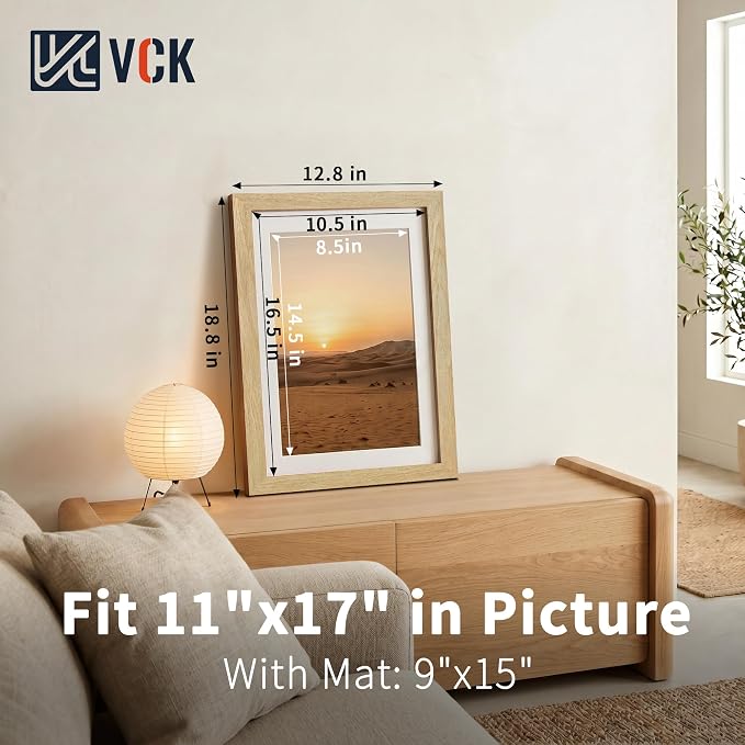 VCK 11x17 Picture Frames Natural - 3 Pack, Wide Border Solid Wood, Tempered Glass, Display 9x15 Photo with Mat or 11 x 17 Without, for Home, Office, Gallery, Woodgrain Series, Wall Hanging