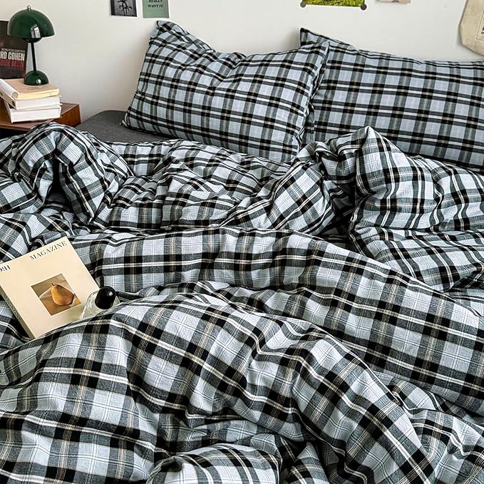 mixinni Vintage Grey & Pale Blue Buffalo Plaid Duvet Cover Set Full Size - 3 Piece Washed Cotton Bedding Set with Grid Pattern, Soft & Breathable Duvet Cover with Pillowcases for Boys, Men& Women