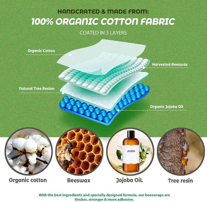 Beeswax Reusable Food Wraps - (6 Packs, 3 Sizes S,M,L, with 2 Meter Hemp Rope, Two Buttons) Plastic and Silicone Free, Eco-friendly Wrap, Wax Paper for Food,Eucalyptus