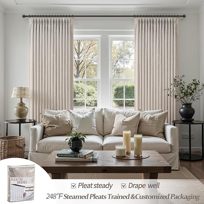 Greyish Beige Dual Layer Linen 102 Inch Long Curtains Panels of 2 for Sliding Glass Doors, Blackout Memory Shape Pinch Pleated Noise Reducing Thermal Ceiling Decorative Windows Drapes 8-1/2 FT Length