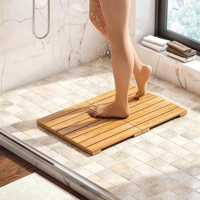 Waterproof Bamboo Bath Mat for Shower, Wooden Floor Mat for Bathroom, Foldable | Non-Slip | Heavy Duty, Shower Mat for Indoor Outdoor, 23.54in x 15.63in