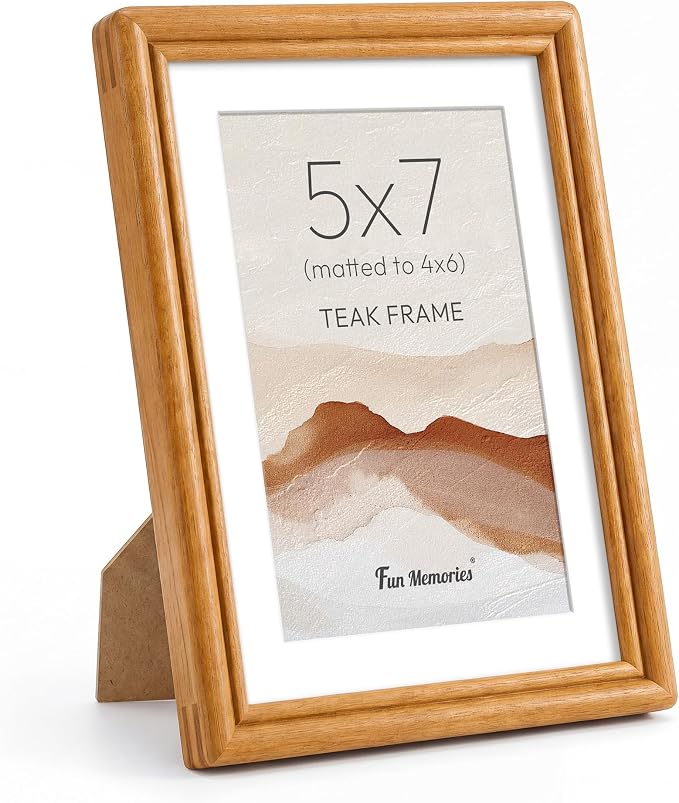 5x7 Picture Frame with Mat for 4x6, USA-Sourced Natural Teak Wood Handcrafted Rounded Corner with HD Tempered Glass, 5 x 7 Photo Frames Gallery Wall & Tabletop, Vertical or Horizontal Display