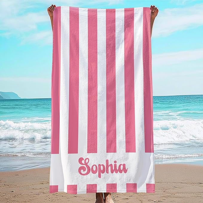JML Personalized Beach Towel with Name, Custom Cabana Stripe Beach Towel, Customized Microfiber Pool Towel, Quick Dry & Absorbent Swim Towel for Adult,Anniversary, Birthday, Summer Holiday,Vacation