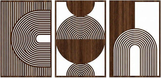 Yerliker 3 Pcs Mid Century Modern Wood Wall Art Decorations 3D Geometric Abstract Wall Sculpture for Living Room Bedroom Office Minimalist Aesthetic(Mid-century,15.75 x 15.75 x 1.97 Inch)