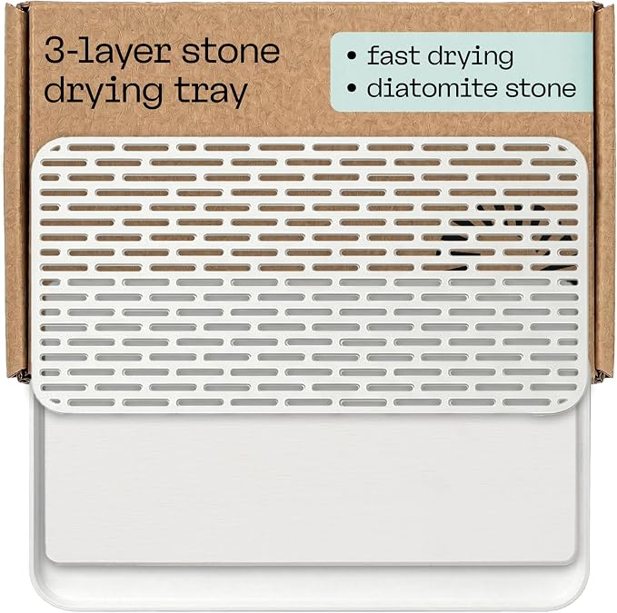 Deepstone 3-Layer Stone Dish Drying Mat for Kitchen Counter - Diatomaceous Earth Quick Dry Mat with Removable Plastic Topper and Non-Slip Base Pad, 16 x 9 in (White)