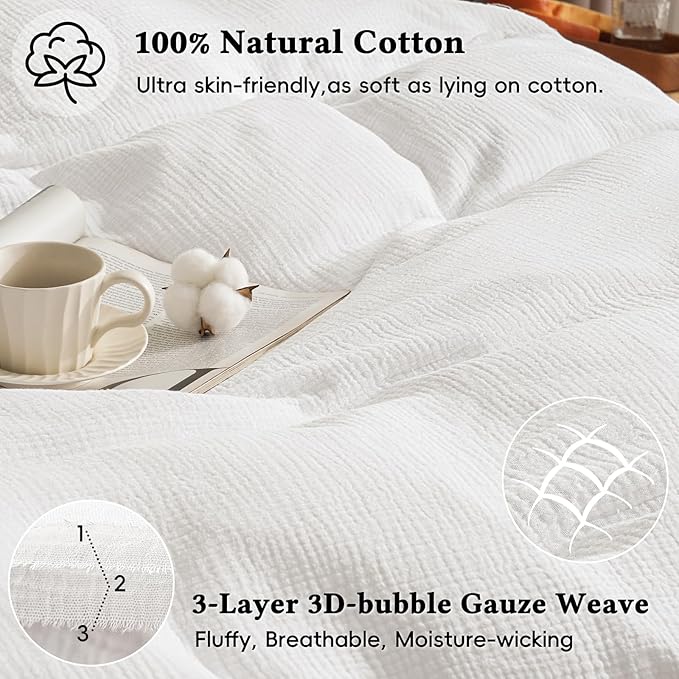 David's Home 100% Cotton Muslin Duvet Cover Set King Size,3 Pcs Ultra Soft Breathable & Lightweight Gauze Bedding Set with 2 Pillowcases,Textured Home Decor with Button, 104"×90" White,No Insert