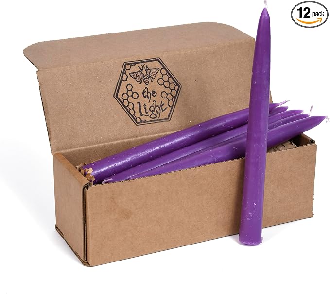 100% Pure Beeswax Taper Candles - All-Natural Handmade Decorative & Dipped Smokeless Unscented Candles for Christmas, Advent, and Hanukkah, Purple Cosmos, 8.5 Inches, 12 Candle Set, by BeeTheLight