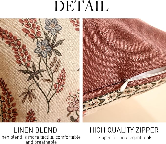 ISAENNE Design Linen Vintage Throw Pillow Covers 12"x20" Pack of 2, Rectangle Cushion Covers with Red Purple Flowers Green Leaves Pattern Decoration Pillowcases for Bed,Living Room,Outdoor,Car