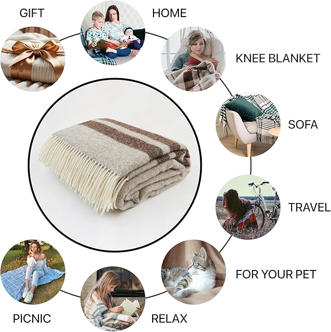 | Wool Blanket/Throw | 100% New Zealand Wool | Perfect for Home and Outdoors | Virgin Wool Blanket with Fringes 55"x79"(140 x 200 cm) (Latte Grey)