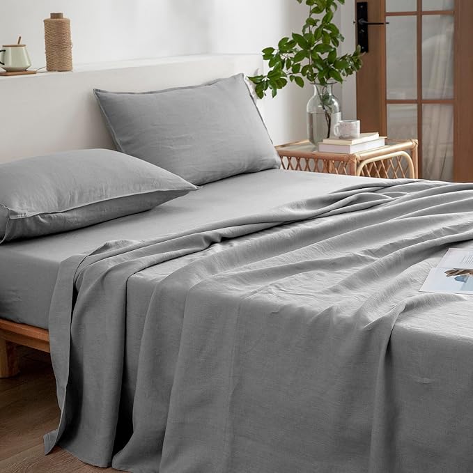 EVERLY Linen Sheets Set Full Size,100% French Stonewash Pure Linen Bed Sheets,4Pieces (1Flat Sheet,1Fitted Sheet,2Pillowcase) Suitable for Hot Sleepers,Deep Pocket Natural Bedding Set-Light Grey
