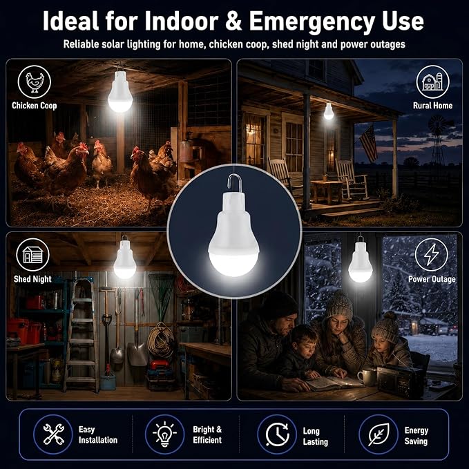 Chicken Coop Light with Timer, Dusk to Dawn Rechargeable Solar Light Bulbs for Indoor Home, Outdoor Camping Lamps for Tent, LED Solar Lights for Shed Night, Emergency Power Outage, Outside