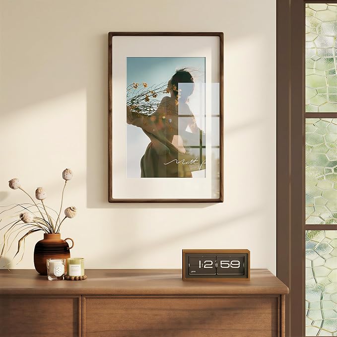 16x24 Poster Frame, USA-Sourced Walnut Wood Frame Wall Mounted, 16x24 Picture Frame with Real Glass, 16 x 24 Picture Frame Matted to 12x18 Photo for for Vertical & Horizontal Hanging, 1 Pack