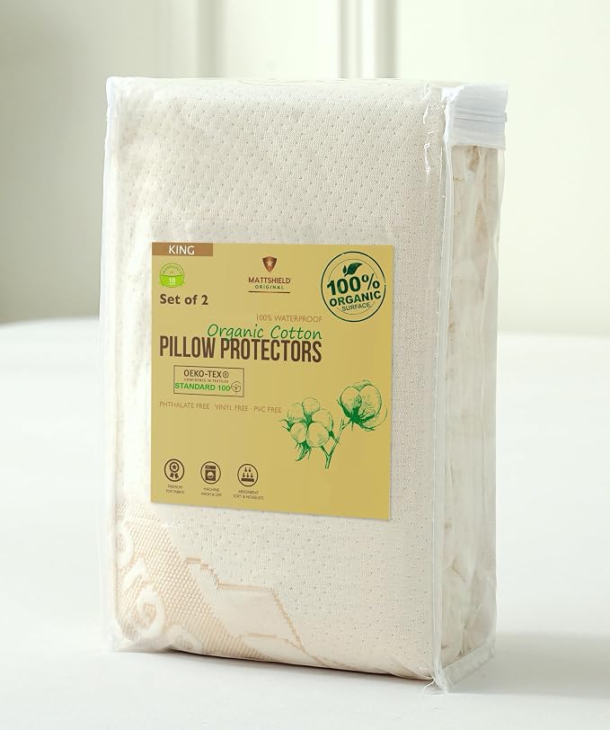 2-Pack Deluxe Waterproof Organic Cotton Pillow Protectors King Size - Premium Organic Cotton, Zippered Encasement, Soft Knit Fabric, Thick 280 GSM Cotton