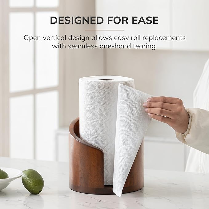 Anji Mountain Wooden Paper Towel Holder Countertop with Mango Wood Round Base and Iron Holder, Holder Stand for Kitchen Roll Organizer & Kitchen Dining Table Home Decor - Walnut/Black, Classic