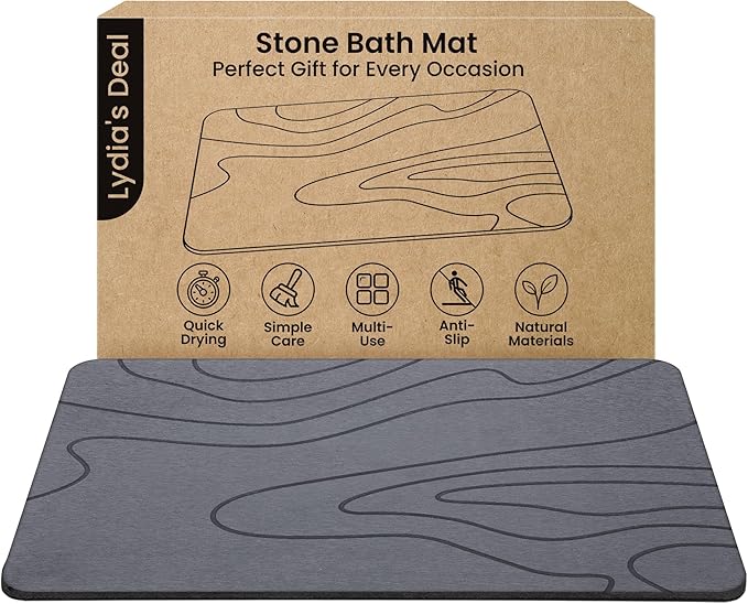 Stone Bath Mat – Non-Slip Diatomaceous Earth Shower Mat, Super Absorbent & Quick-Drying Bathroom Floor Mat, Easy-to-Clean Diatomite Bath Stone for Safer, Dryer Steps (23.6" x 15.4", Gray)