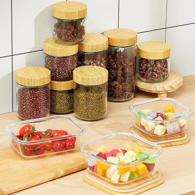 Suclain 12 Pcs Airtight Glass Food Storage Containers with Bamboo Lids Set Including 4 Pieces Meal Prep Glass Containers Lunch Bento Boxes and 8 Pieces Overnight Oats Jars Snack Storage Salad Jars