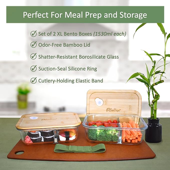 EcoPreps Large Glass Bento Box Containers with Bamboo Lids, 3 Compartment Glass Meal Prep Container Set (2 Pack, XL) - 100% Plastic Free, Eco-Friendly Lunch Containers, Bento Boxes for Adults