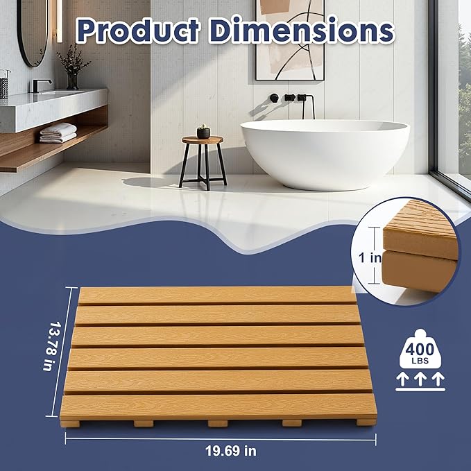 Bamboo-Design Bath Mat, Heavy Duty HDPS Plastic, 19.7" x 13.8", 400lb Support, 100% Waterproof & Fadeproof, Superior to Real Bamboo for Bathroom Spa Sauna Poolside Outdoor (Bamboo Color)