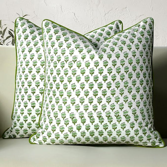 CPC 100% Cotton Throw Pillow Covers 18x18 Inch, Set of 2 Green Block Print Pattern Couch Pillow, Cute Boho Decorative Pillows for Living Room, Bedroom with Hidden Zipper- Emerald Green
